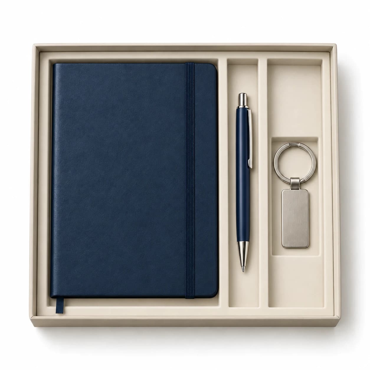 Trío libreta elástica, bolígrafo y llavero