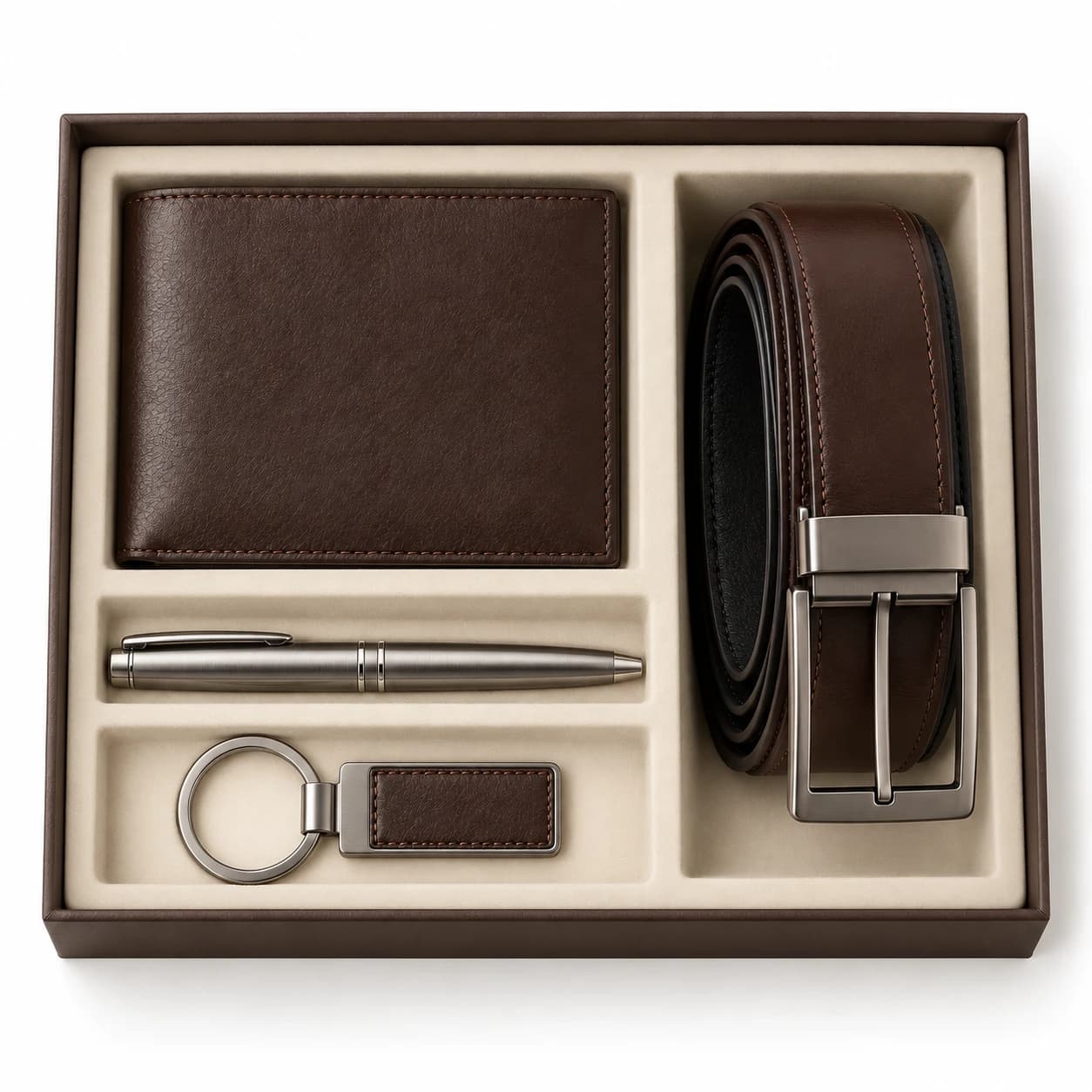 Pack cartera, cinturón, bolígrafo y llavero