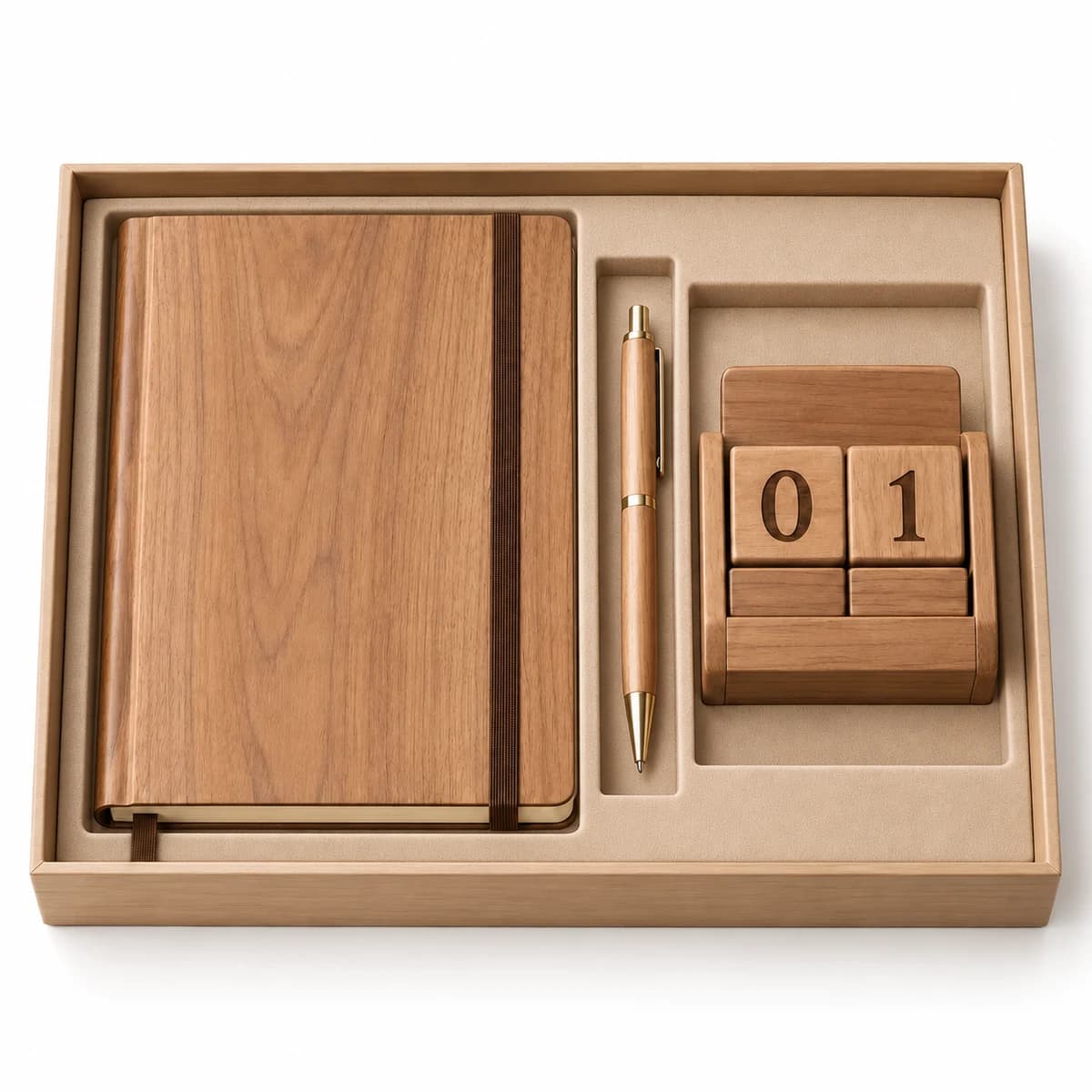 Pack agenda, bolígrafo y calendario de madera