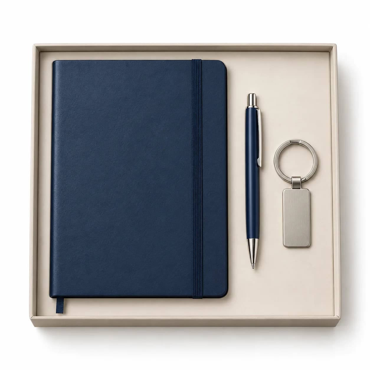 Trío libreta elástica, bolígrafo y llavero