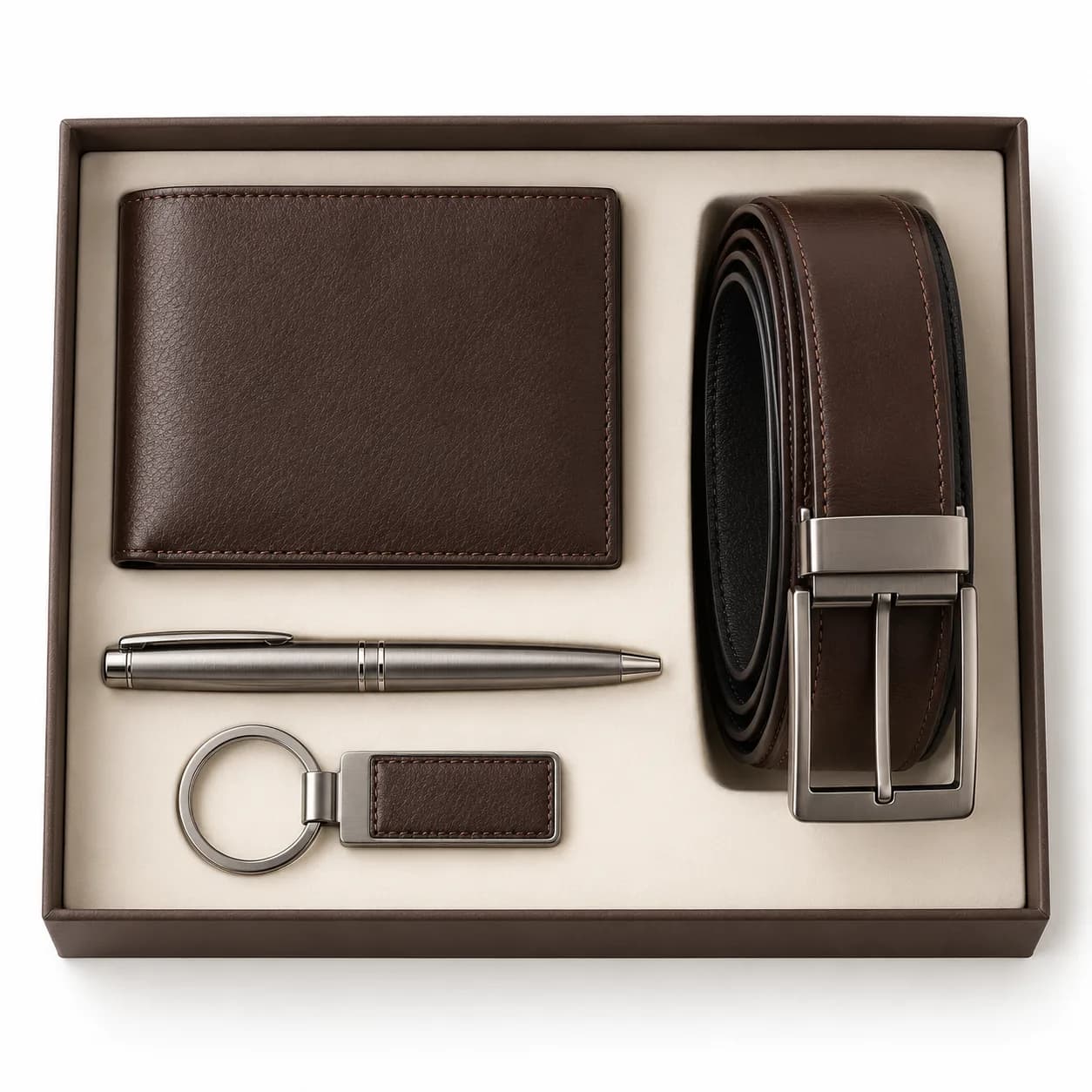 Pack cartera, cinturón, bolígrafo y llavero