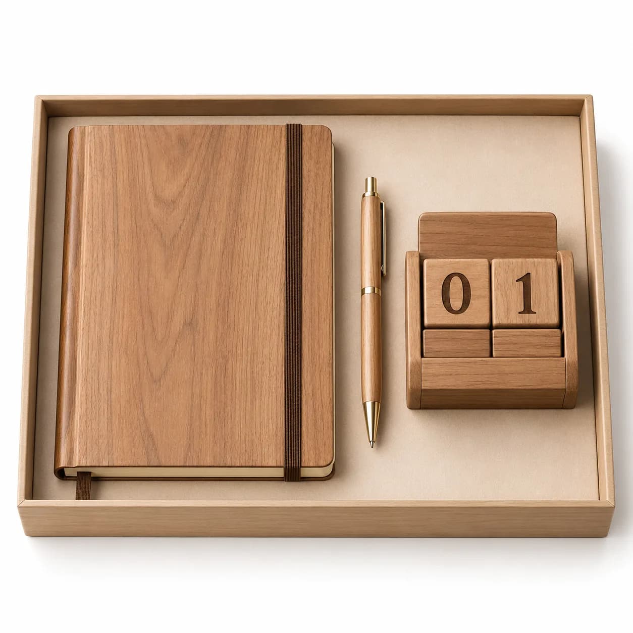 Pack agenda, bolígrafo y calendario de madera
